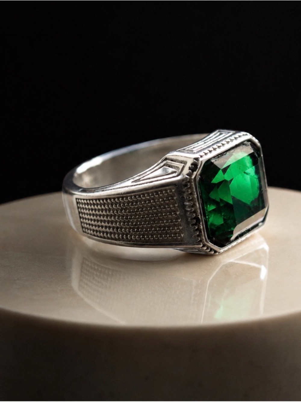 Men's Silver Ring with Emerald Green Stone